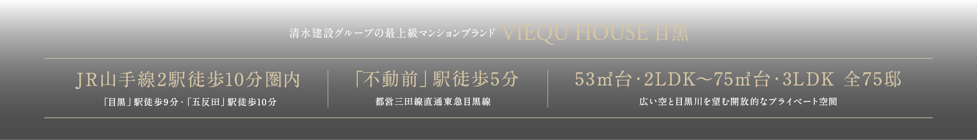 清水建設グループの最上級マンションブランド VIEQU HOUSE 目黒。JR山手線2駅徒歩10分圏内。「目黒」駅徒歩9分・「五反田」駅徒歩10分。